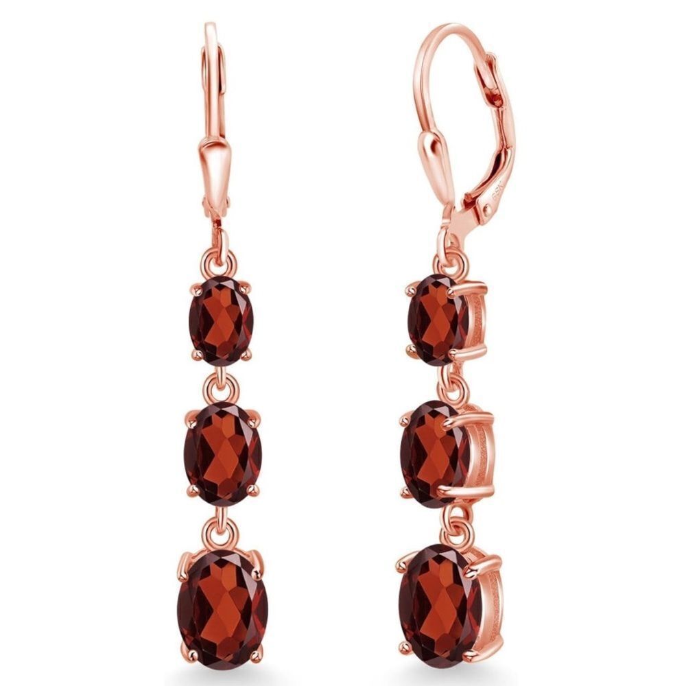 18K Rose Gold with 6.14 Cttw 3 Stone Garnet Dangling Leverback Drop Earrings